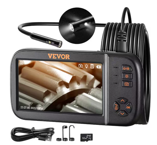 VEVOR 3-Lens Borescope Inspection Camera 4.5 in. Screen Endoscope Sewer Camera with Drain Snake 10-LED Light for Auto Plumbing