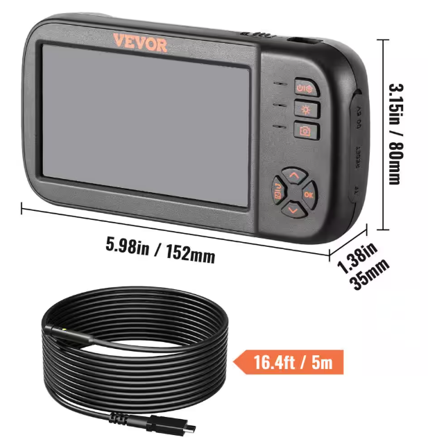 VEVOR 3-Lens Borescope Inspection Camera 4.5 in. Screen Endoscope Sewer Camera with Drain Snake 10-LED Light for Auto Plumbing