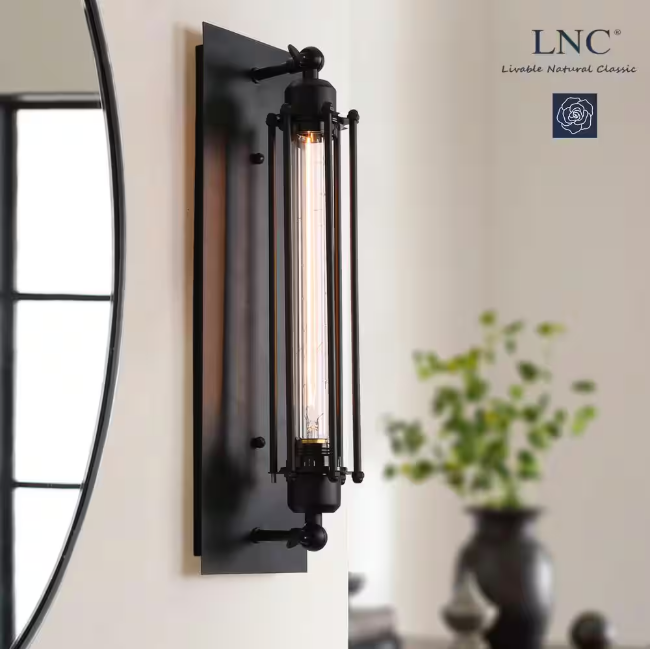 LNC Modern Industrial Black Linear Wall Sconce, 1-Light Bathroom Vanity Light with Metal Wire Cage For Dry Areas Hallway