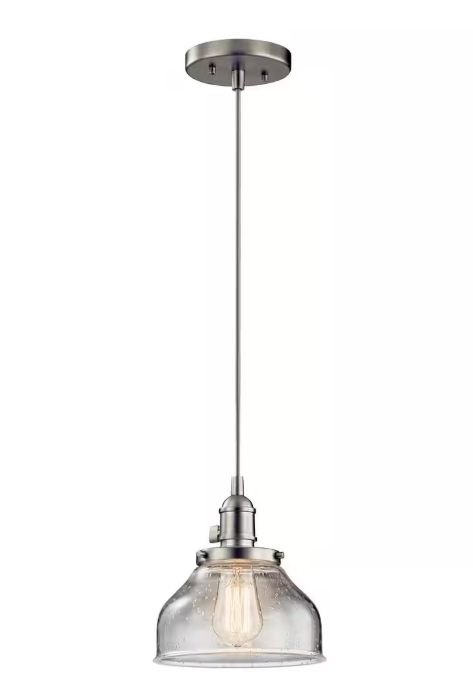 KICHLER Avery 8 in. 1-Light Brushed Nickel Farmhouse Shaded Kitchen Bell Mini Pendant Hanging Light with Clear Seeded Glass