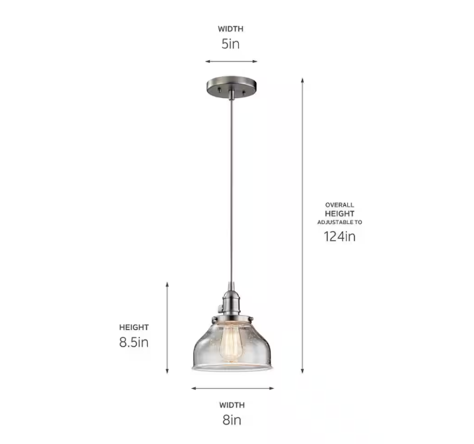 KICHLER Avery 8 in. 1-Light Brushed Nickel Farmhouse Shaded Kitchen Bell Mini Pendant Hanging Light with Clear Seeded Glass