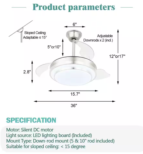 Oaks Aura Belleville 36in. LED Latest DC Motor Light Memory Indoor Chrome Ceiling Fan withLight, 6-Speed Retractable Blades