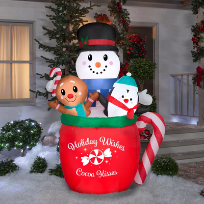 Gemmy Christmas Airblown Inflatable Snowman/Gingerbread/Penguin Mug Scene, 6.5 ft Tall, Red