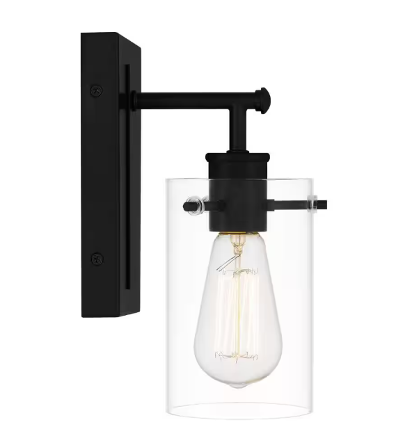 Hampton Bay Regan 4.5 in. 1-Light Matte Black Bathroom Vanity Light with Clear Glass Shades