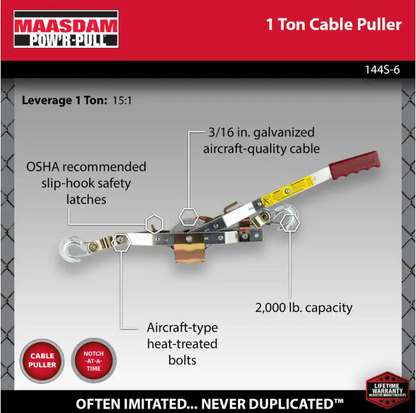 Maasdam 2,000 lb. 1-Ton Capacity 12 ft. Max Lift 15:1 Leverage Winch Puller Come Along Tool with 12 ft. of Cable Included