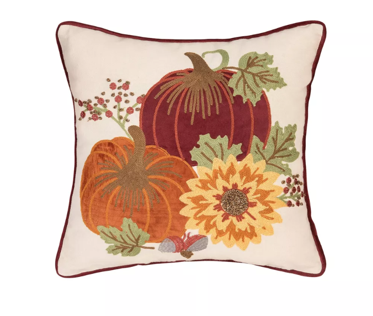 C&F Home 16" x 16" Pumpkins Sunflower Chain Stitch Fall Throw Pillow