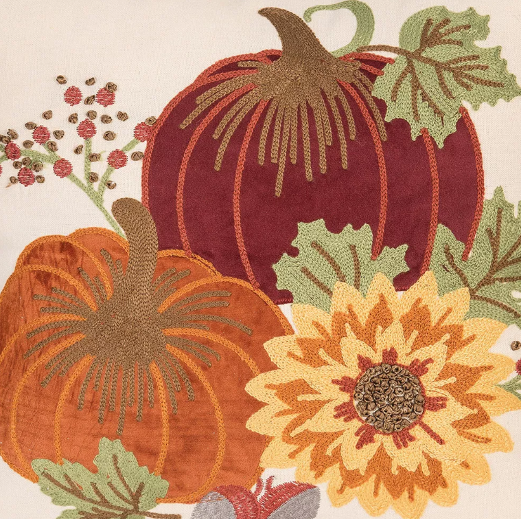 C&F Home 16" x 16" Pumpkins Sunflower Chain Stitch Fall Throw Pillow