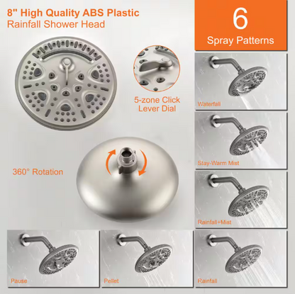 Fapully 6-Spray Patterns with 2 GPM 8 in. Wall Mount Fixed Shower Head with Pressure Balance in Brushed Nickel