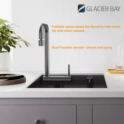 Glacier Bay Zero Radius 17 in. Undermount 18G Stainless Steel Single Bowl Workstation Bar Sink with Folding Faucet