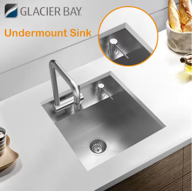 Glacier Bay Zero Radius 17 in. Undermount 18G Stainless Steel Single Bowl Workstation Bar Sink with Folding Faucet