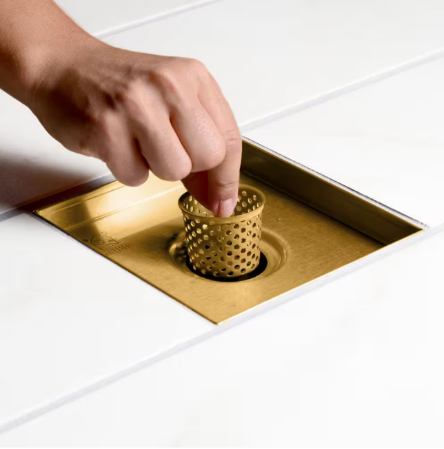 Oatey Designline 6 in. x 6 in. Stainless Steel Square Shower Drain with Square Pattern Drain Cover in Brushed Gold