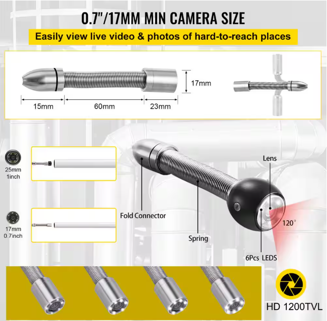 VEVOR Sewer Camera 4.3 in. Screen Pipeline Inspection Camera IP68 with 32.8 ft. Snake Cable, LED Lights for Duct Drain Pipe