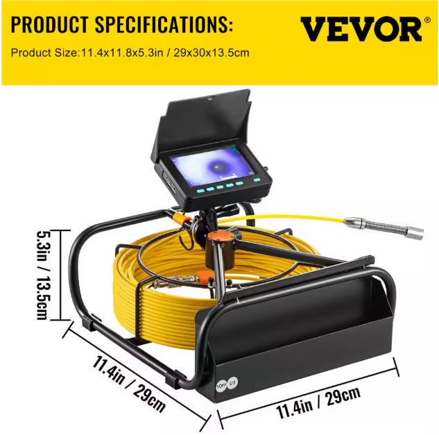 VEVOR Sewer Camera 4.3 in. Screen Pipeline Inspection Camera IP68 with 32.8 ft. Snake Cable, LED Lights for Duct Drain Pipe