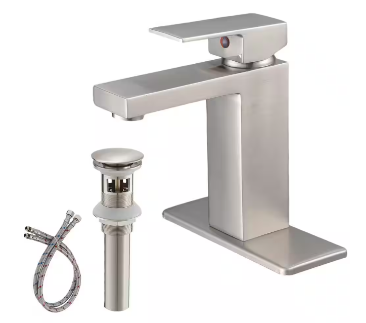 Single-Handle Single-Hole Brass Bathroom Sink Faucet with Pop-Up Drain Assembly and Deckplate Included in Brushed Nickel