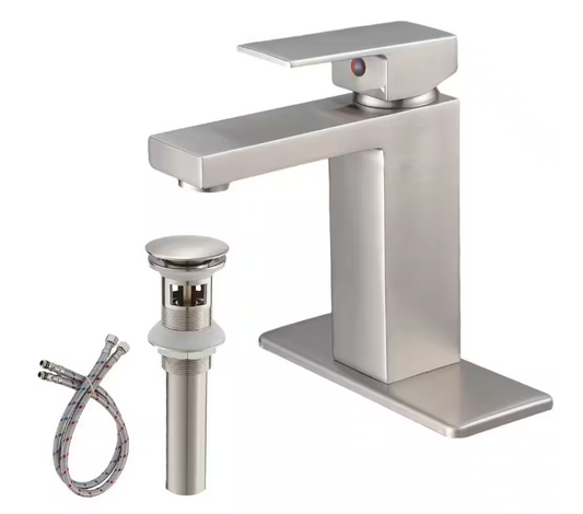 Single-Handle Single-Hole Brass Bathroom Sink Faucet with Pop-Up Drain Assembly and Deckplate Included in Brushed Nickel