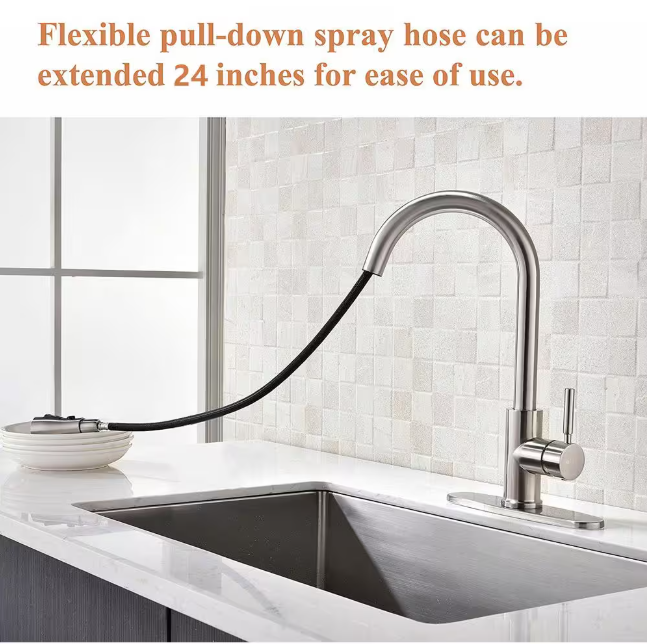 ELLO&ALLO Single-Handle Pull-Out Sprayer Kitchen Faucet with Deck Plate in Brushed Nickel
