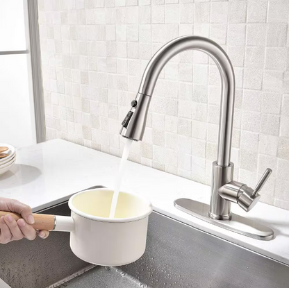 ELLO&ALLO Single-Handle Pull-Out Sprayer Kitchen Faucet with Deck Plate in Brushed Nickel