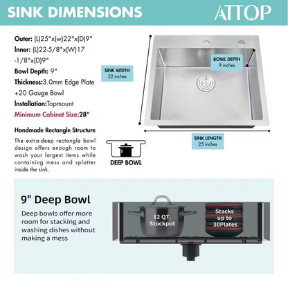 Attop Handmade Stainless steel 25 in. Single Bowl Top Mount Scratch-Resistant Nano Drop-in Kitchen Sink With Bottom Grid