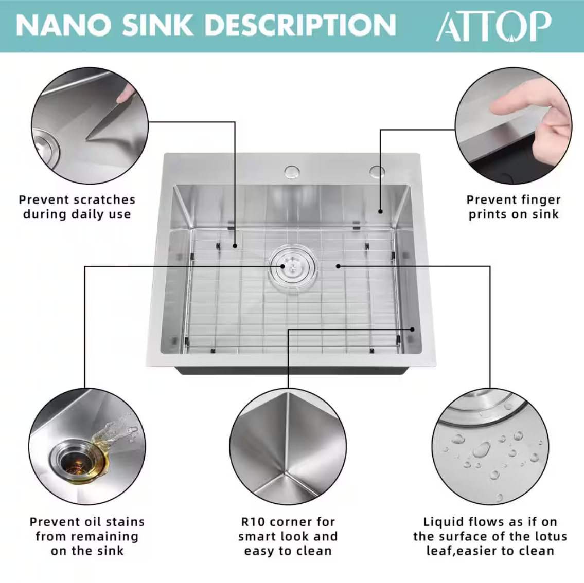 Attop Handmade Stainless steel 25 in. Single Bowl Top Mount Scratch-Resistant Nano Drop-in Kitchen Sink With Bottom Grid