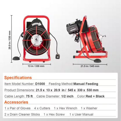 VEVOR Electric Drain Auger 75 ft. x 1/2 in. Drain Cleaner Machine 370- Watt w/ Cutters Glove Sewer Snake fit 2 to 4 in. Pipe