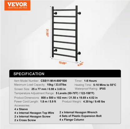 VEVOR 8 Bars Towel Warmer Rack, Wall Mounted Heated Towel Rack for Bathroom, IPX5 Waterproof Towel Heater Rack, Black