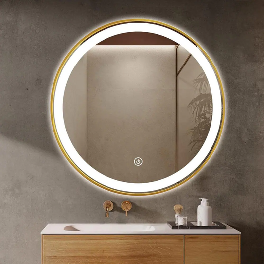 ELLO&ALLO 30 in. W x 30 in. H Round Aluminum Framed LED Light with 3-Color and Anti-Fog Wall Mount Bathroom Vanity Mirror in Gold
