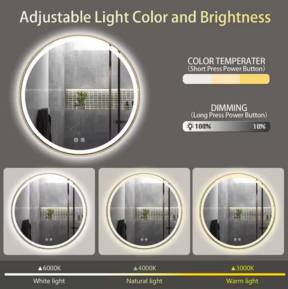 ELLO&ALLO 30 in. W x 30 in. H Round Aluminum Framed LED Light with 3-Color and Anti-Fog Wall Mount Bathroom Vanity Mirror in Gold