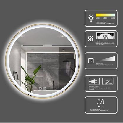 ELLO&ALLO 30 in. W x 30 in. H Round Aluminum Framed LED Light with 3-Color and Anti-Fog Wall Mount Bathroom Vanity Mirror in Gold