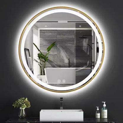 ELLO&ALLO 30 in. W x 30 in. H Round Aluminum Framed LED Light with 3-Color and Anti-Fog Wall Mount Bathroom Vanity Mirror in Gold