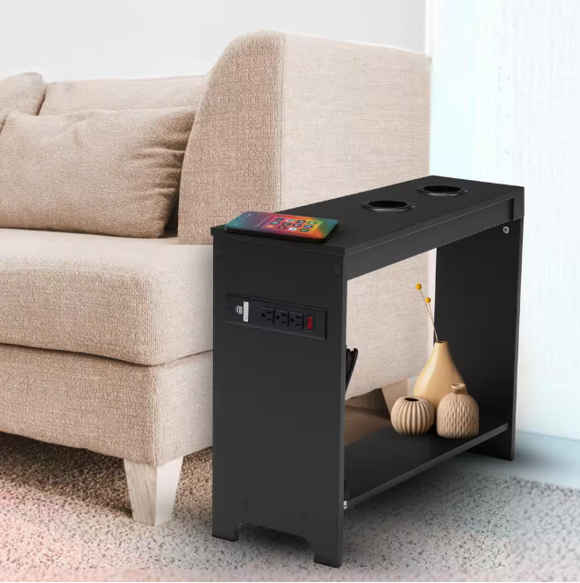 MAYKOOSH Black End Table with Charging Station, USB Ports & Outlets, Narrow Side Table, Chair Side Table Nightstand