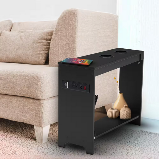 MAYKOOSH Black End Table with Charging Station, USB Ports & Outlets, Narrow Side Table, Chair Side Table Nightstand