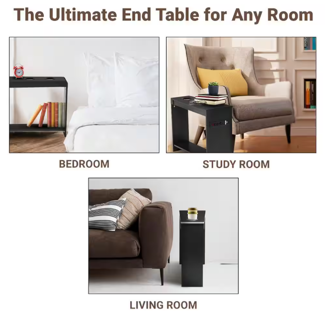 MAYKOOSH Black End Table with Charging Station, USB Ports & Outlets, Narrow Side Table, Chair Side Table Nightstand