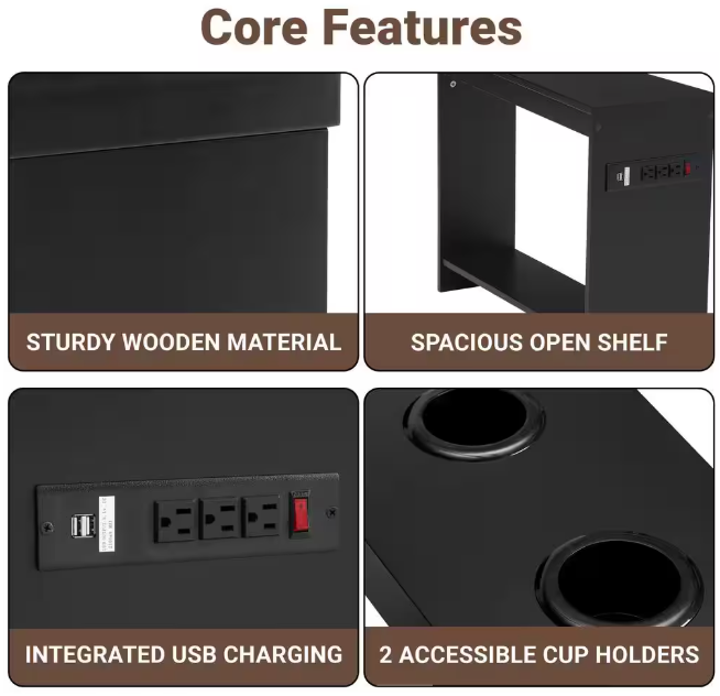 MAYKOOSH Black End Table with Charging Station, USB Ports & Outlets, Narrow Side Table, Chair Side Table Nightstand