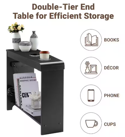 MAYKOOSH Black End Table with Charging Station, USB Ports & Outlets, Narrow Side Table, Chair Side Table Nightstand