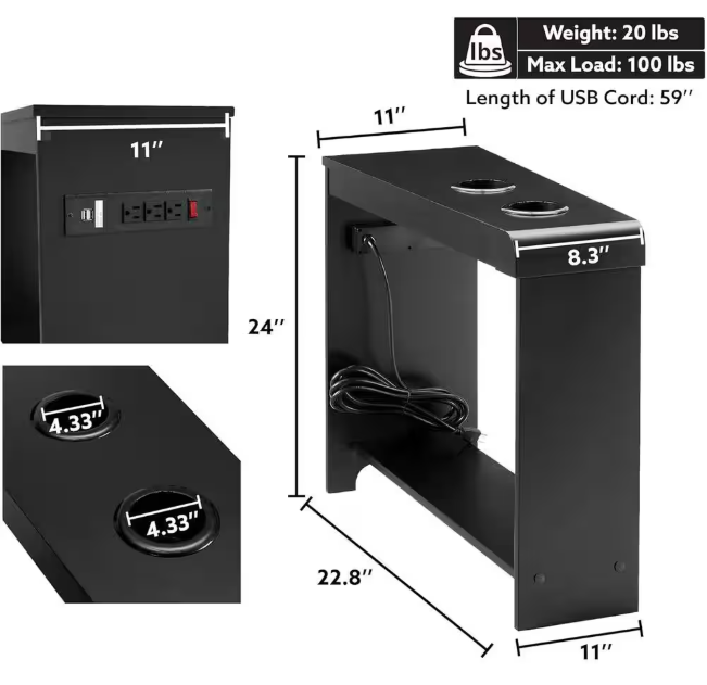 MAYKOOSH Black End Table with Charging Station, USB Ports & Outlets, Narrow Side Table, Chair Side Table Nightstand