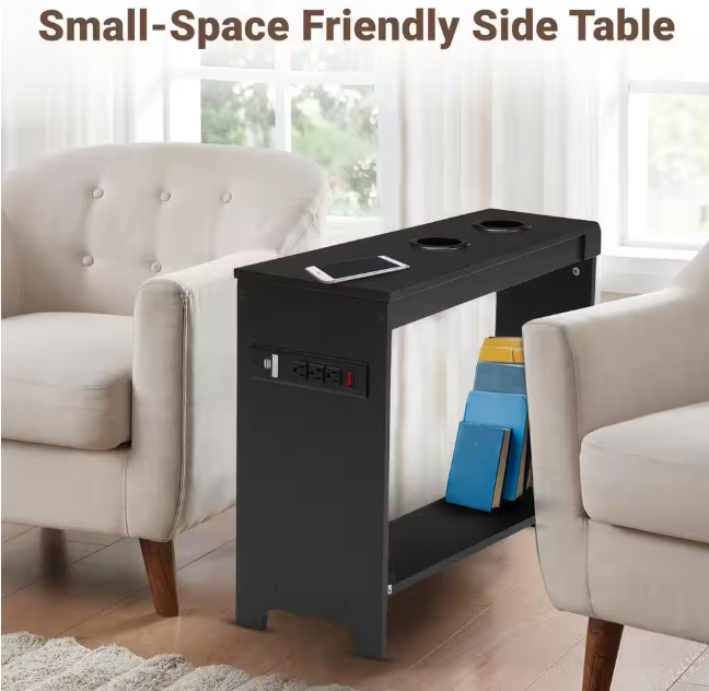 MAYKOOSH Black End Table with Charging Station, USB Ports & Outlets, Narrow Side Table, Chair Side Table Nightstand