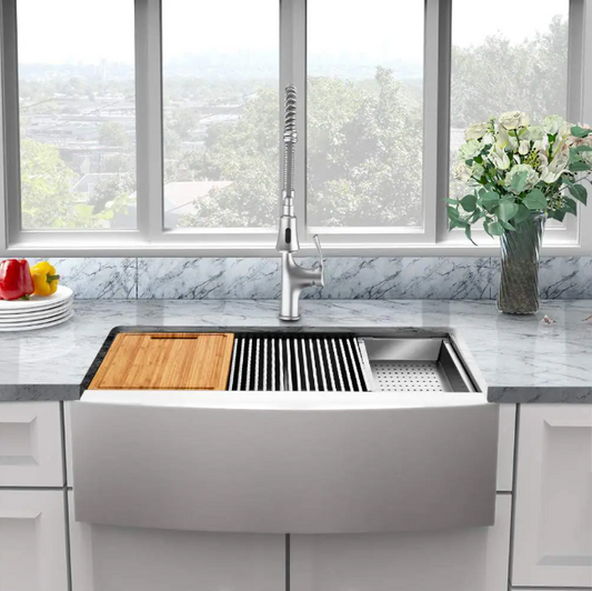 Glacier Bay Zero Radius 30 in. Apron-Front Single Bowl 18 Gauge Stainless Steel Kitchen Sink with Accessories