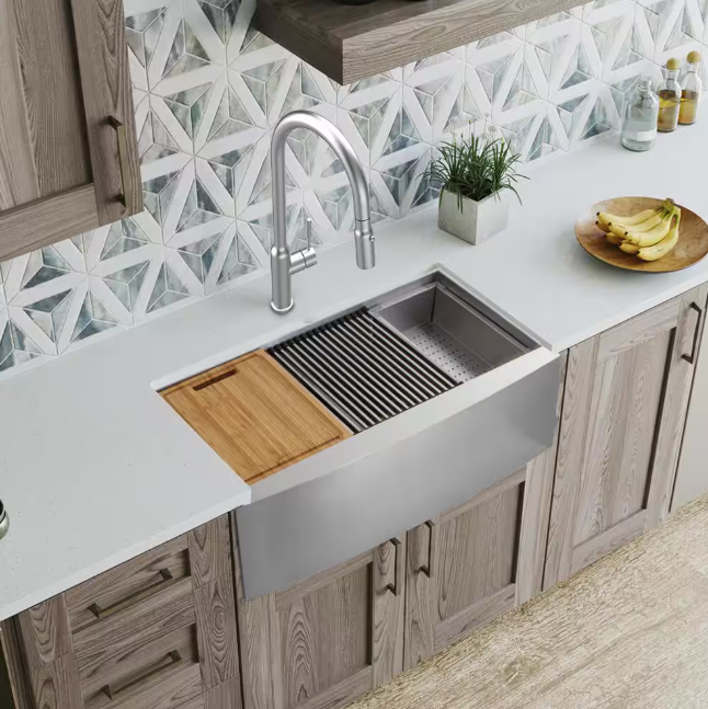 Glacier Bay Zero Radius 30 in. Apron-Front Single Bowl 18 Gauge Stainless Steel Kitchen Sink with Accessories