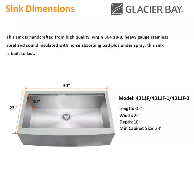 Glacier Bay Zero Radius 30 in. Apron-Front Single Bowl 18 Gauge Stainless Steel Kitchen Sink with Accessories