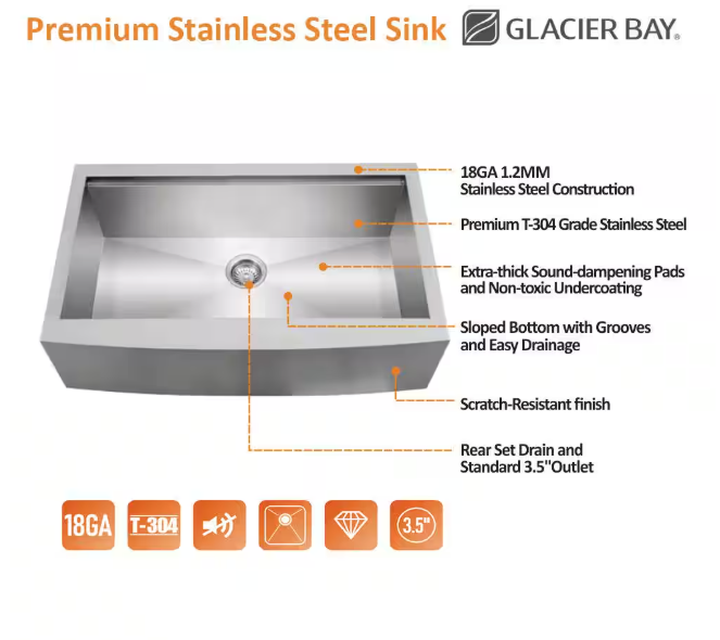 Glacier Bay Zero Radius 30 in. Apron-Front Single Bowl 18 Gauge Stainless Steel Kitchen Sink with Accessories