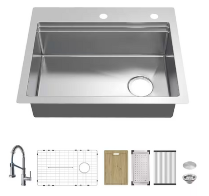Glacier Bay Dolancourt Tight Radius 27 in. Drop-In Single Bowl 18G Stainless Steel Workstation Kitchen Sink with Spring Neck Faucet