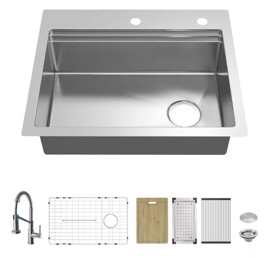 Glacier Bay Dolancourt Tight Radius 27 in. Drop-In Single Bowl 18G Stainless Steel Workstation Kitchen Sink with Spring Neck Faucet
