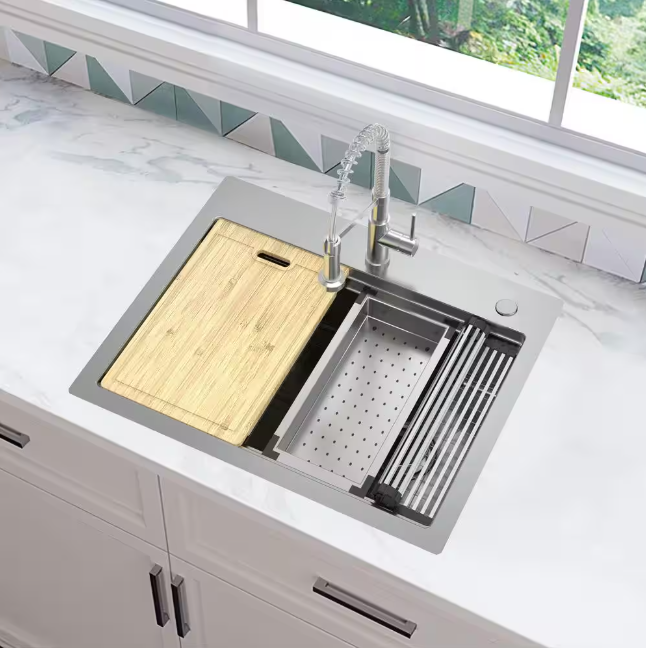 Glacier Bay Dolancourt Tight Radius 27 in. Drop-In Single Bowl 18G Stainless Steel Workstation Kitchen Sink with Spring Neck Faucet