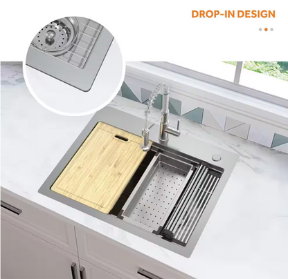 Glacier Bay Dolancourt Tight Radius 27 in. Drop-In Single Bowl 18G Stainless Steel Workstation Kitchen Sink with Spring Neck Faucet