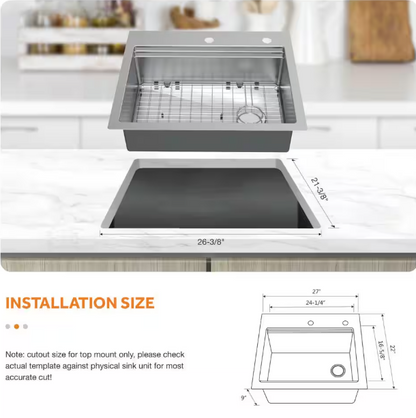 Glacier Bay Dolancourt Tight Radius 27 in. Drop-In Single Bowl 18G Stainless Steel Workstation Kitchen Sink with Spring Neck Faucet