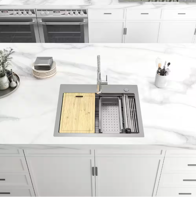 Glacier Bay Dolancourt Tight Radius 27 in. Drop-In Single Bowl 18G Stainless Steel Workstation Kitchen Sink with Spring Neck Faucet