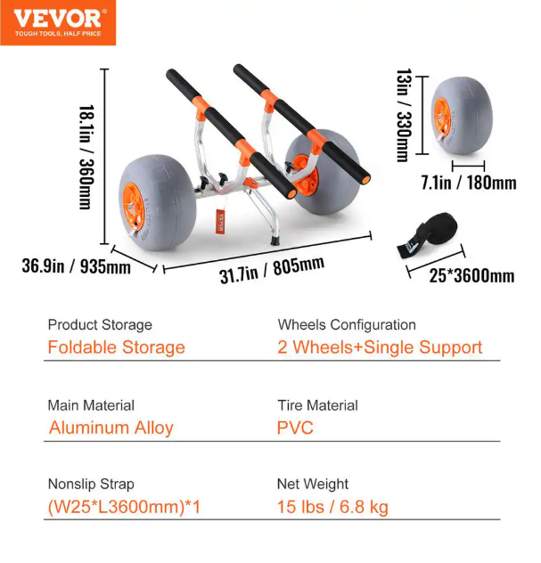 VEVOR Heavy Duty Kayak Cart 350 lbs. Load Capacity Foldable Canoe Trolley Cart with 12 in. Rubber Tires and Nonslip Support Foot