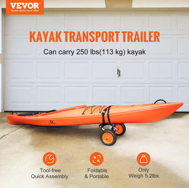 VEVOR Heavy Duty Kayak Cart 250 lbs. Load Capacity Foldable Canoe Trolley Cart with 10 in. Solid Tire and Nonslip Support Foot