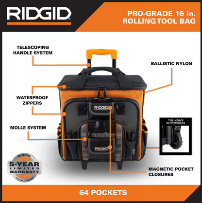 RIDGID 17 in. 64 Pocket Professional Grade Rolling Tool Bag