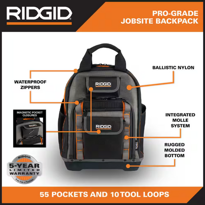 RIDGID 15 in. 55 Pocket Professional Grade Tool Backpack